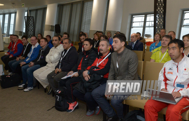 Bakıda idman gimnastikası üzrə Dünya Kubokuna gəlmiş nümayəndə heyəti rəhbərləri və üzvlərinin görüşü keçirilib. Azərbaycan, 18 fevral, 2016